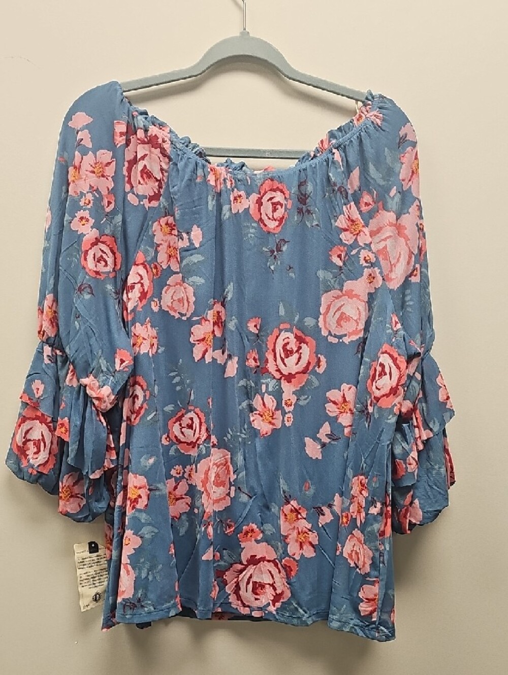 Democracy Blue Floral Off-Shoulder Peasant Blouse with Pink Roses - Picture 2 of 3